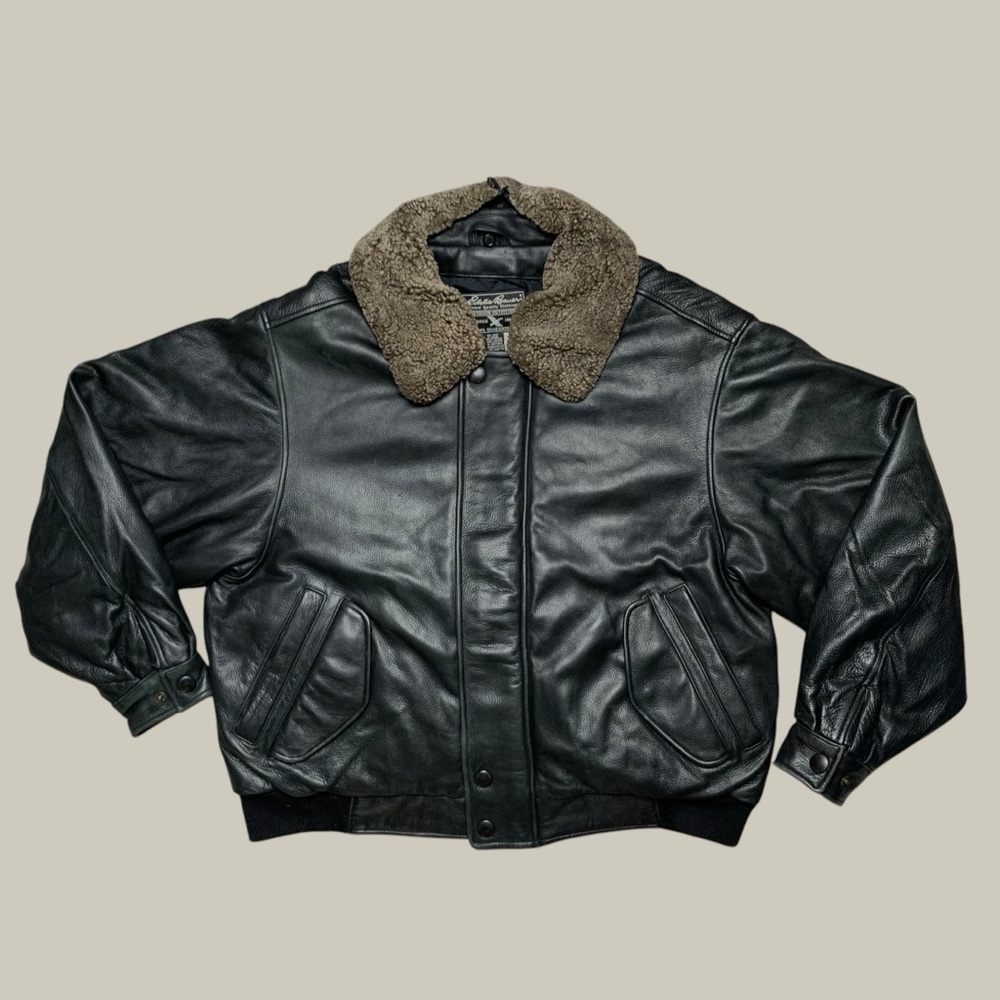 Eddie Bauer Black Leather Jacket with Brown Shearling Collar